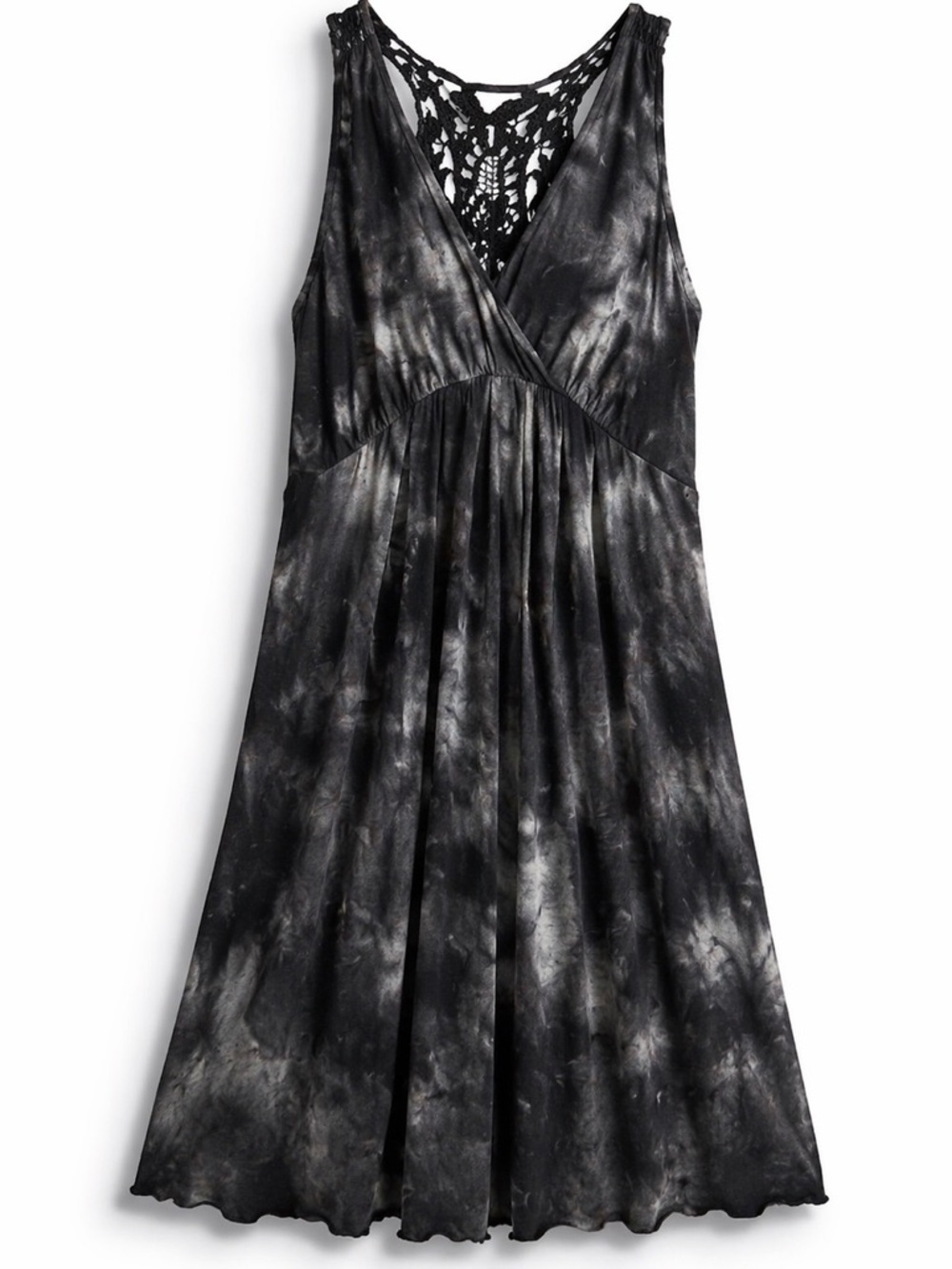 Elle Sleeveless Shift Dress Medium V Neck Crochet Lace Tie Dye Black Gray
